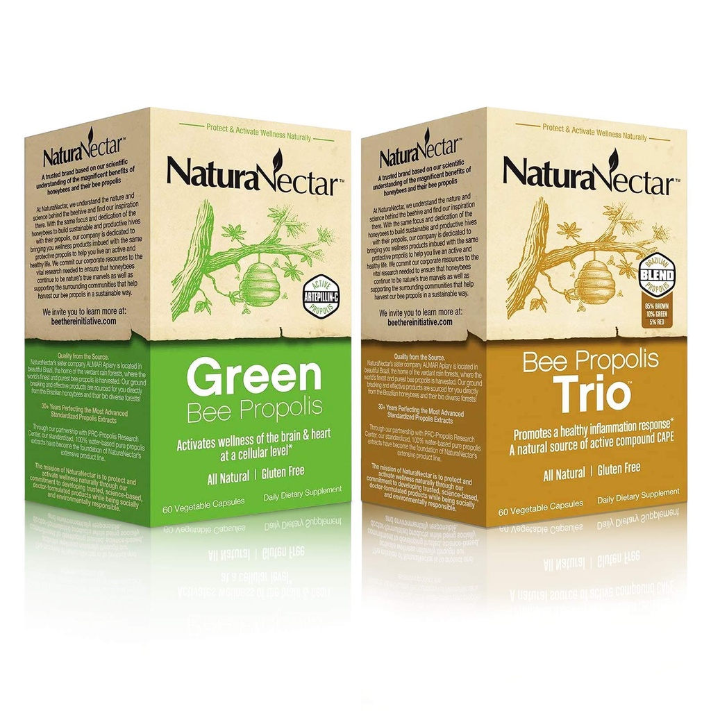 NaturaNectar Natural Bee Propolis Bundle - Trio und Green Propolis - für Immun-, Gedächtnis- und Fokusunterstützung* - 60 Kapseln pro Flasche