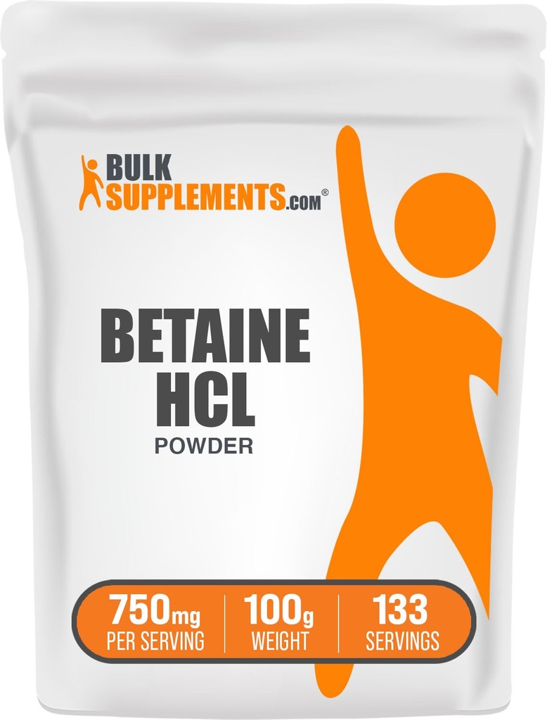 BulkSupplements.com Betaine HCl Powder - Betaine Hydrochloride Supplement, Digestive Support - Gluten Free, 750mg per Serving, 100g (3.5 oz) (Pack of 1)