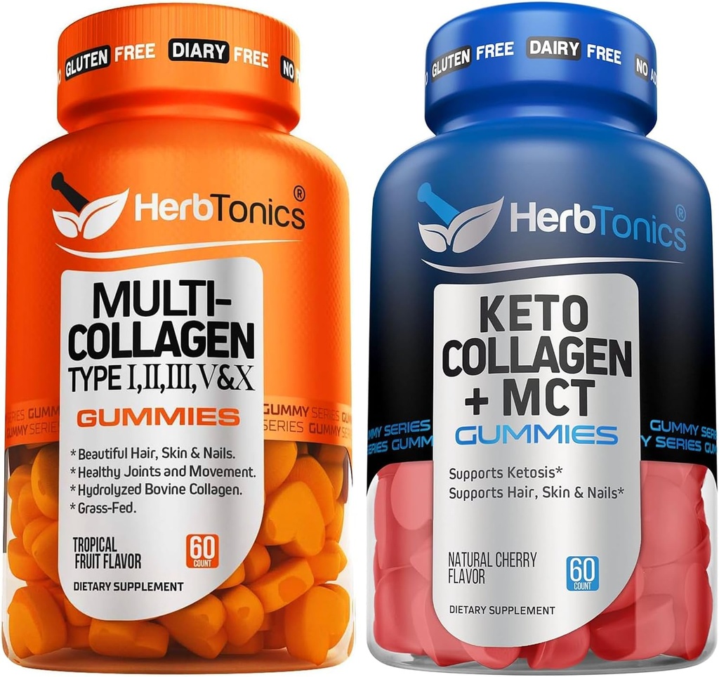 Herbtonics Multi Collagen Gummies Typ 1,2,3,5 & 10 mit Biotin für Haarwachstum, Haut, Nails Keto Gummies mit MCT + Collagen | Sugar Free | Anti Aging, Haarwachstum, Hautpflege & Stark