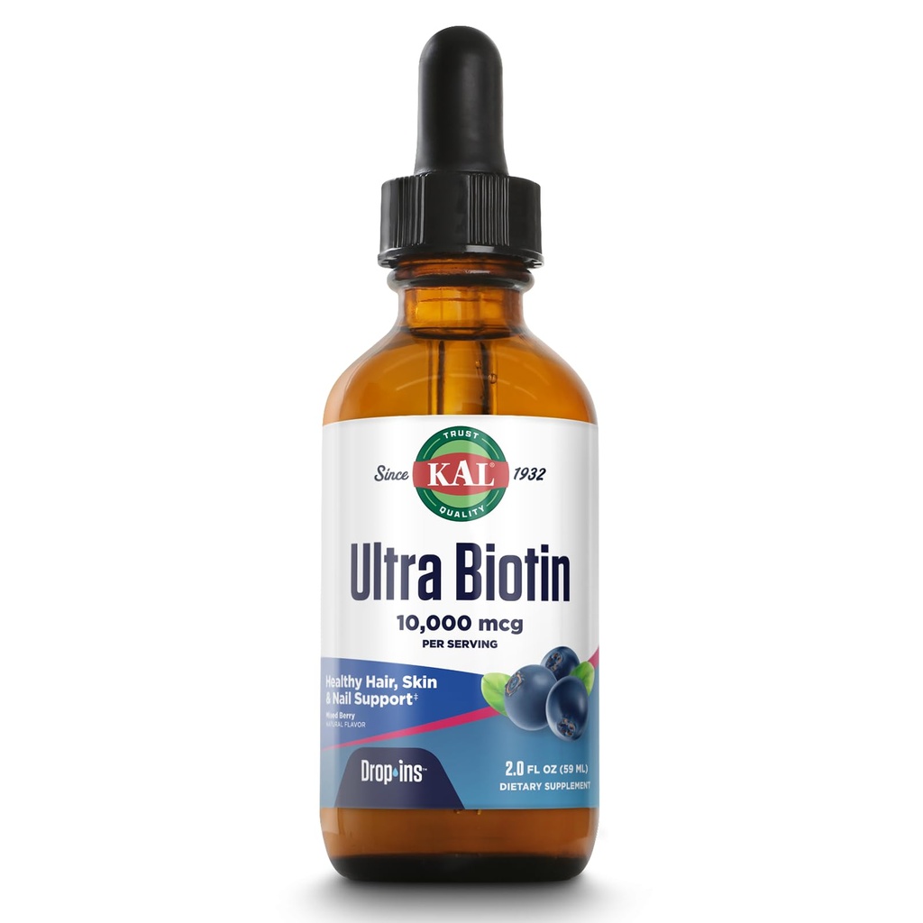 KAL Ultra Biotin 10000mcg DropIns, flüssige Biotin Tropfen, Haarwachstumsergänzung, hohe Potenz Vitamin B7, Gesundes Haar, Haut, Nägel und Energie Unterstützung, natürliche gemischte Berry Flavor, ca. 59 Serv, 2oz