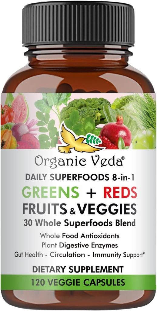 Bio Veda Super Greens Reds Veggies Capsules - 8 in 1 Täglich 30 Ganze Bio Superfoods Früchte & Gemüse Supplement - Papaya Enzymes, Spirulina, Chlorella, Moringa, Beet, Turmeric - 120 Vegan