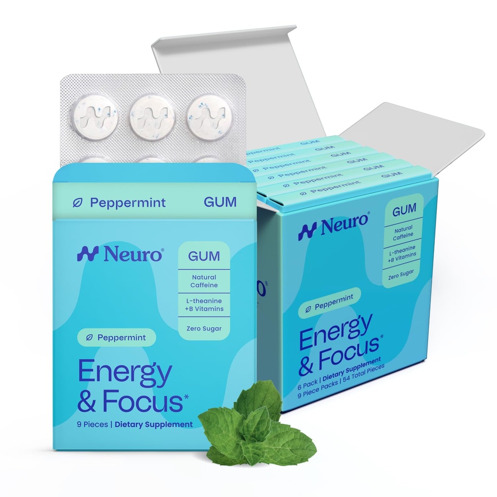 NeuroGummi Energy & Focus Gum (54 Count-6 Pack, Peppermint) | 40mg Natürliches Koffein + L-Theanin + Vitamin B12 & B6 + Xylitol | Zucker Kostenlose Nootropic kognitive Brain Performance Supplement