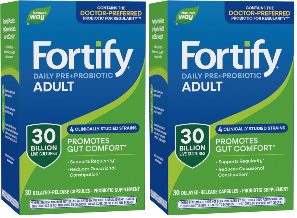 Nature's Way Fortify Daily Pre+Probiotic Adult 30 Billion, Probiotics for Immune and Digestive Health Support*, 30 Billion Live Cultures, 30 Capsules (Pack of 2)