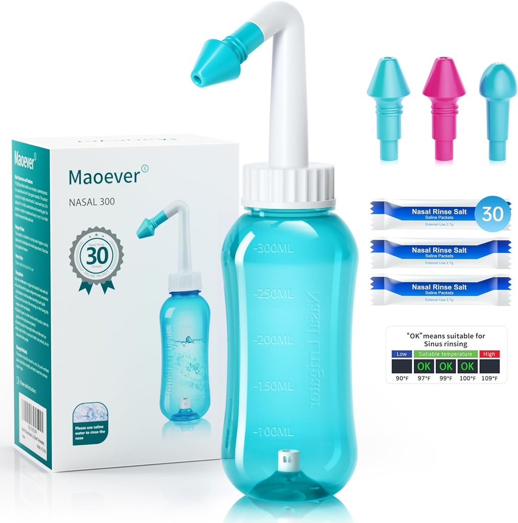 Neti Pot Sinus Rinse Bottle Nose Wash Cleaner Druck Rinse Nasal Bewässerung für Erwachsene & Kind BPA Free 300 ML mit 30 Nasal Wash Salt Packets und Aufkleber Thermometer