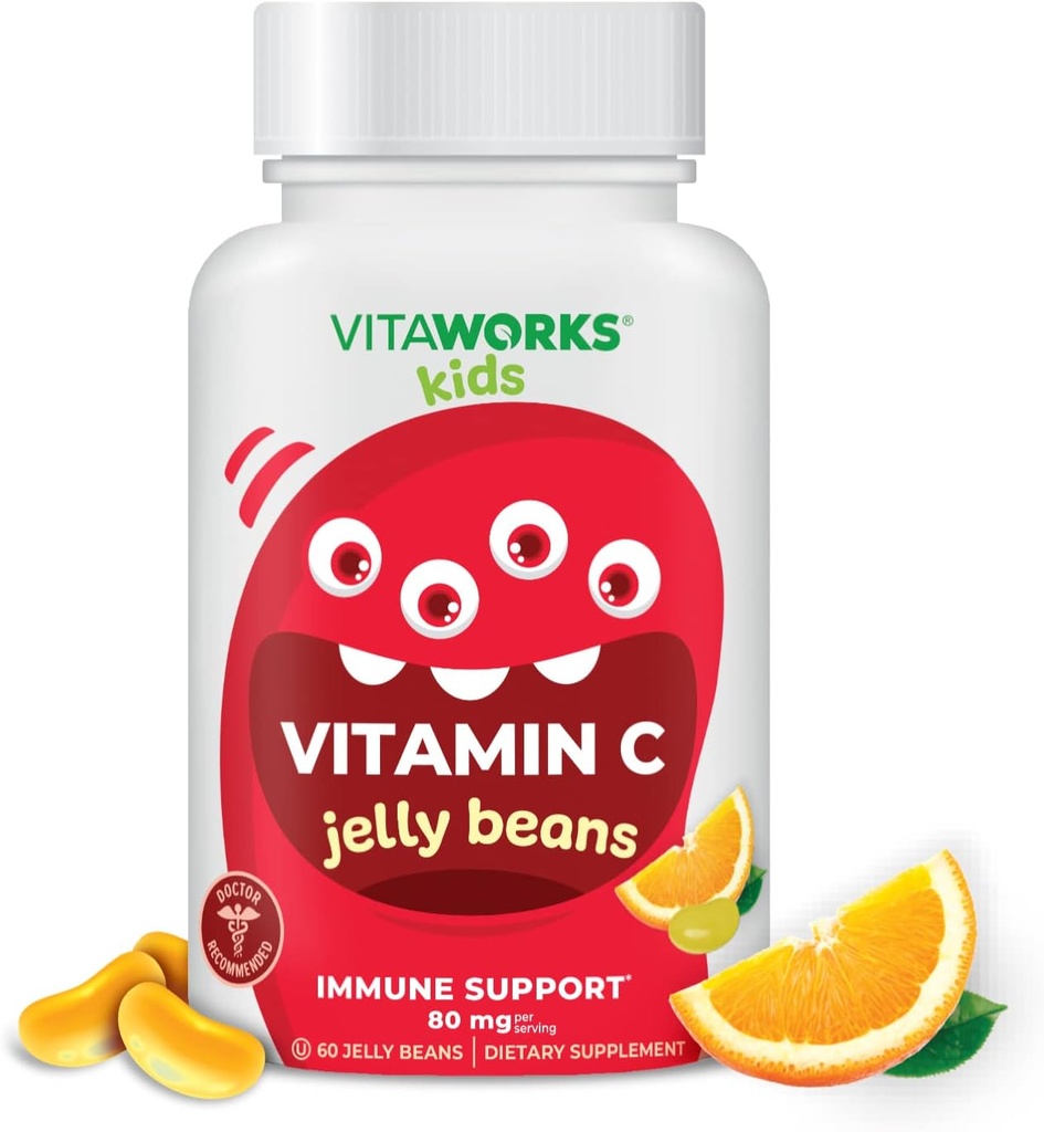 Kinder Vitamin C Jelly Bohnen 80mg - Tasty Natural Orange Blast Flavor - Vegan, GMO-frei, Glutenfrei, Nüssefreie Vitamine - Nahrungsergänzung - für Immununterstützung - für Kinder - 60 Jellies
