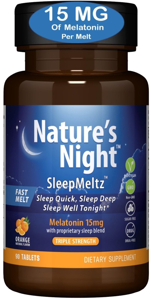 Nature's Night Triple Strength Quick Dissolve Melatonin 15mg mit unterstützendem Blend | Natürliche Orange Geschmack | 90 Count | Sugar Free, Vegan, Non-GMO, Drug Free