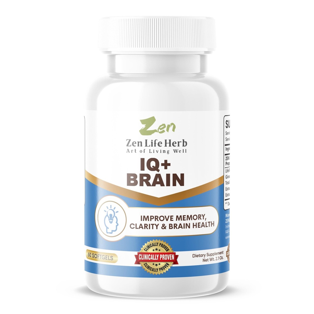 ZEN LIFE HERB IQ+ Gehirn - Koffeinfreier, klinisch getesteter Fokus, Konzentration, Gedächtnis & Energie, natürliches pflanzliches Nahrungsergänzungsmittel, keine hinzugefügten Vitamine / Mineralstoffe / Pilz / Zucker (60 Softgels)