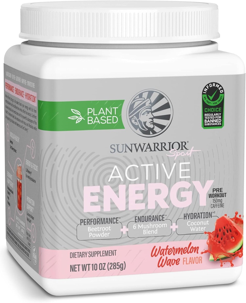 Sunwarrior Plant-Based Preworkout Powder Hydration Blend | Coconut Water Mushroom Blend Soy Free Sugar Free Gluten Free Dairy Free Synthetic Free | Watermelon Wave 30 Serviers | Sport Active Energy