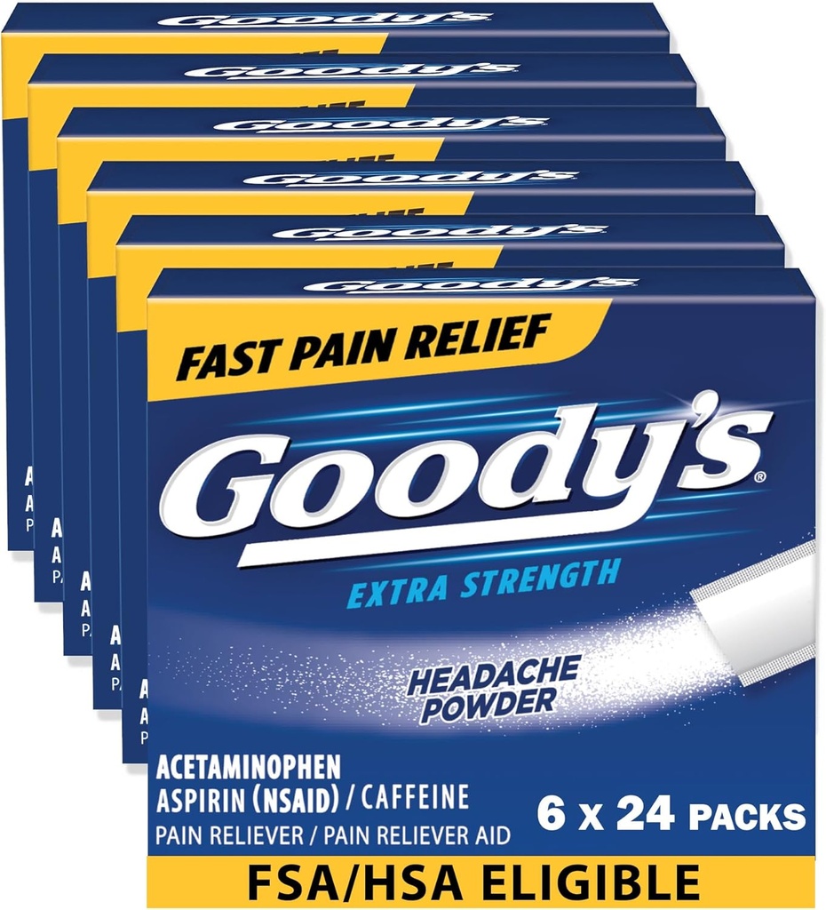 Goodys Kopfschmerz-Pulver Extrastärke Schmerzlinderung, Triple Action Kopfschmerz-Relief mit Aspirin, Acetaminophen & Koffein, 24 Count, Pack von 6