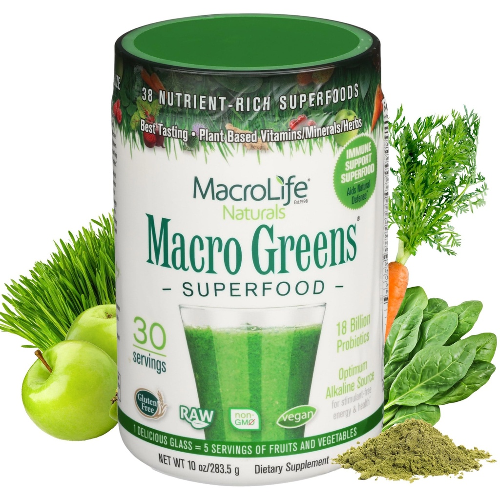 MacroLife Naturals Macro Greens Superfood Powder – 38 Superfoods mit Probiotika, Verdauungsenzyme & Adaptogene | Non GMO, Vegan, Gluten Free | 18B CFU | 10 oz (30 Portionen)