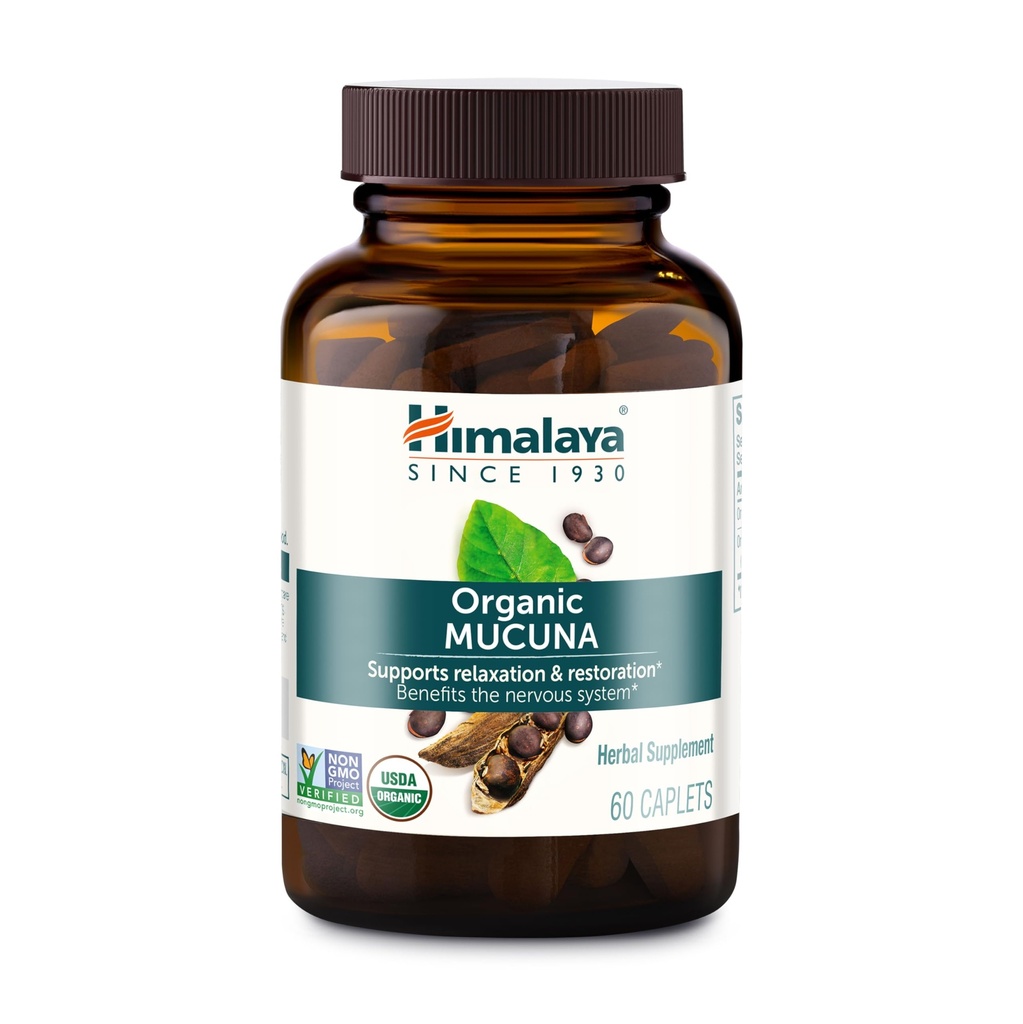 Himalaya Bio Mucuna Pruriens, 60-Tage-Versorgung - Kräuter-Ergänzung zur Berechnung der Entspannung von Spannung und Förderung der Gehirnfunktion - Vegan, Non-GMO, Glutenfrei, 600 mg, 60 Caplets
