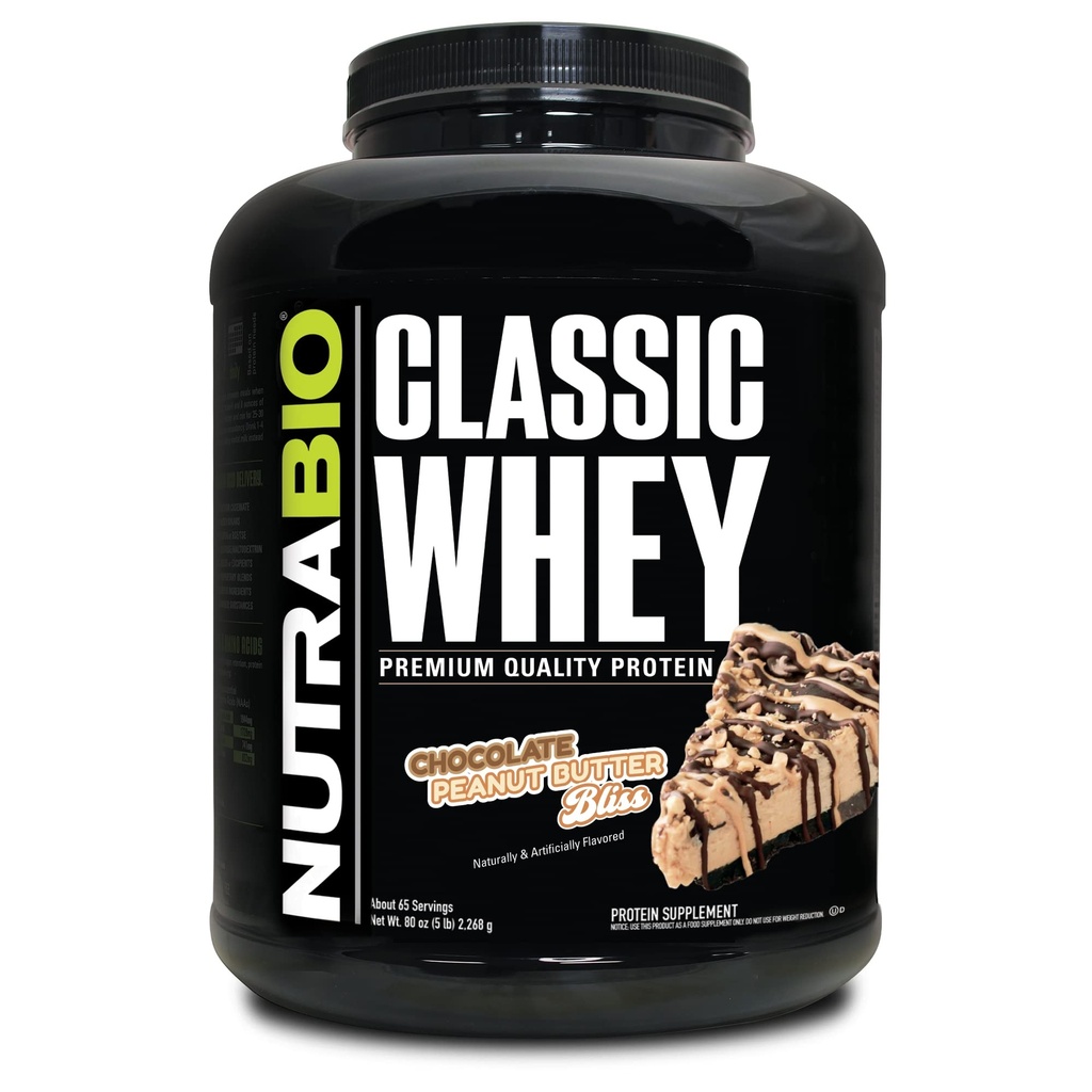 NutraBio Classic Whey Protein Powder- 25G Protein Per Scoop -Keine Füllstoffe, Künstliche Farben, Konservierungsstoffe - Niedriger Glycemic Index - (Chocolate Peanut Butter, 5 Pfund)
