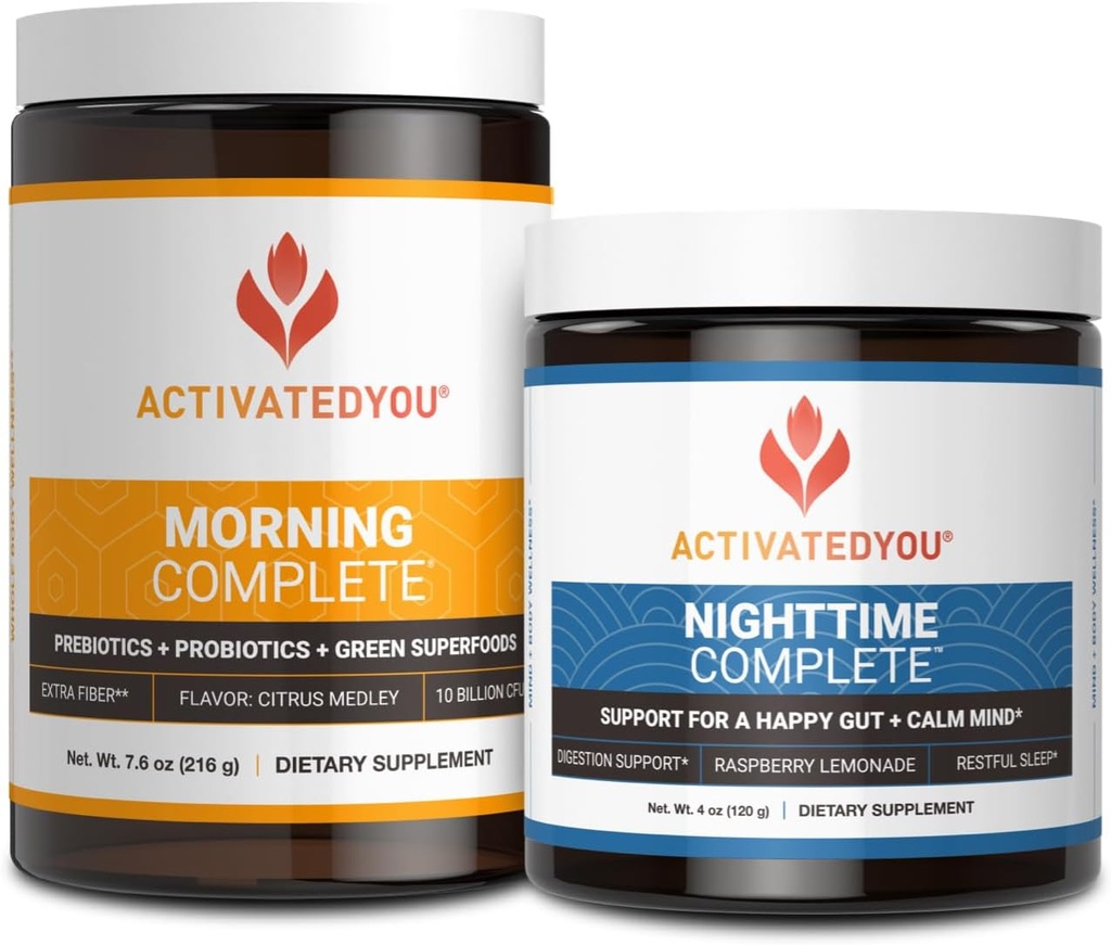ACTIVATEDYOU Morning Complete Prebiotics, Probiotics und Green Superfoods (Citrus Medley) & Nighttime Complete, Ashwaghanda (Raspberry Lemonade), 30 Servings