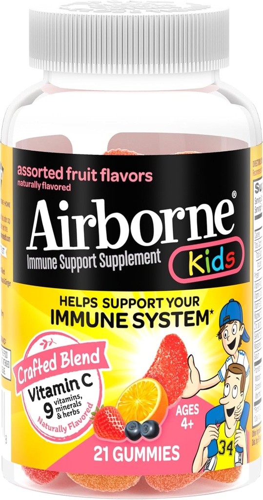 luftgetragenes Vitamin C 500mg (pro Servieren) Kinder sortierte fruchtbetonte Gummier (21 Count in a Bottle), Glutenfreie Immununterstützungsergänzung mit Vitaminen A C E, Selen, Echinacea & Ginger