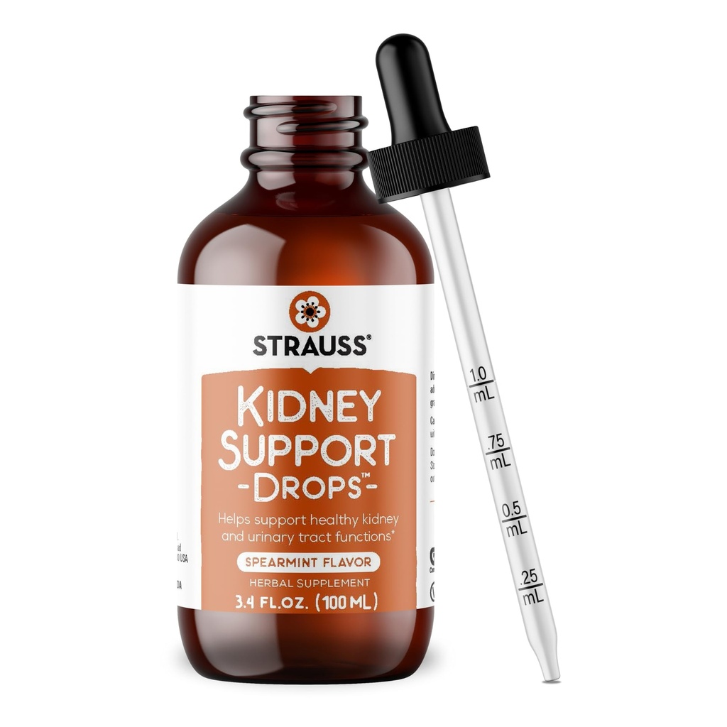 Strauss Naturals Kidney Support Drops – Herbal Kidney Support Supplement for Men and Women – Helps with Kidney Health and Urinary Tract Function – Vegan & Non-GMO – Spearmint Flavored – 100 ml Bottle