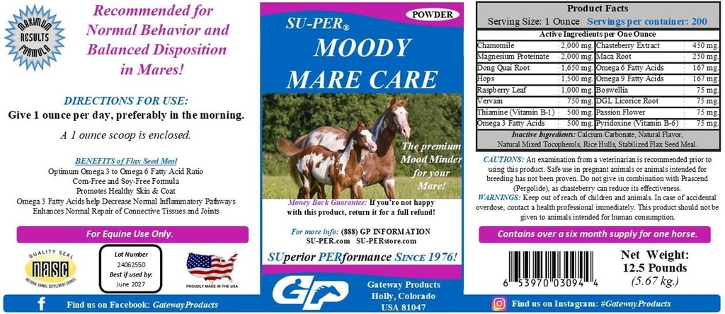 SU-PER Moody Mare Care Powder - Kräuterequin Pferdeergänzung mit Chasteberry & Maca Root - 12.5 lbs