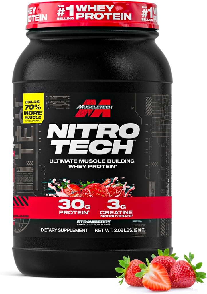 Muscletech Whey Protein Powder (Strawberry, 2.2 Pound) - Nitro-Tech Ultimate Muscle Building Formula with Whey Protein Isolate - 30g Protein, 3g Creatine & 6.8g BCAA - Packaging May Vary