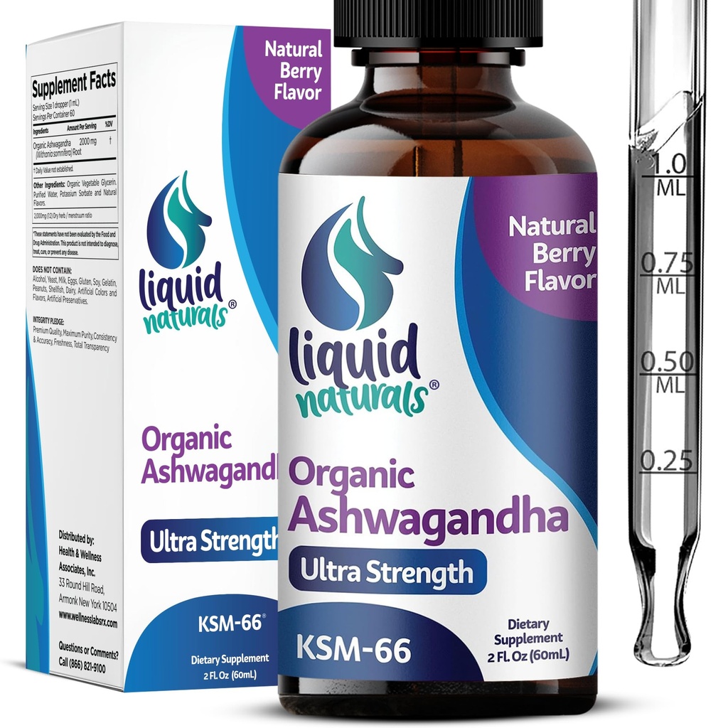 Ashwagandha KSM 66 Tropfen, 2000mg Natürliche Berry Flavor - Ashwagandha Ergänzungen für Frauen, Ksm-66 Ashwaganda Extrakt für Immununterstützung, Leistung, Herzgesundheit - 60 Portionen