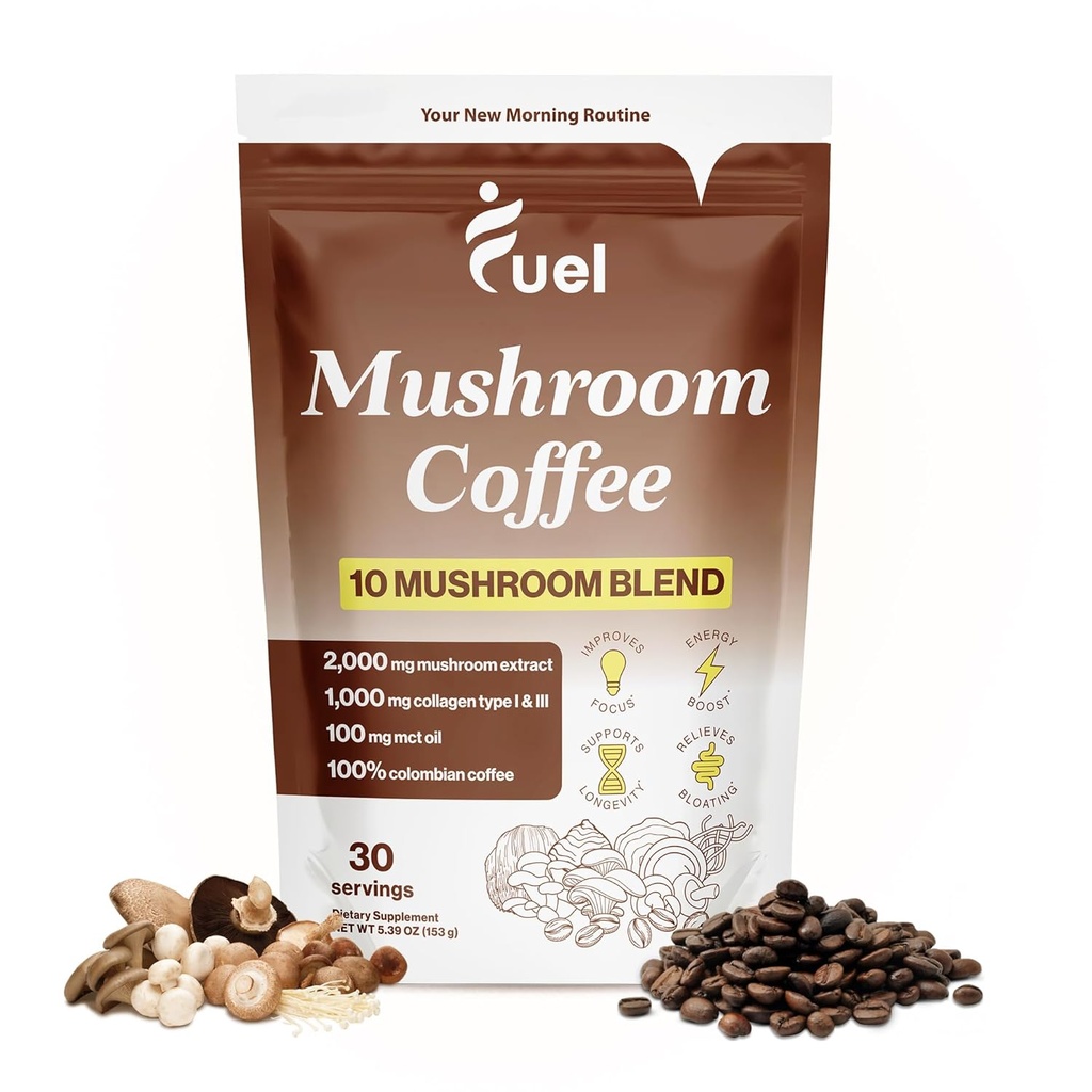 Kraftstoff Brain Boost Pilz Kaffee Ernährung, Organische Mischung für Gut Gesundheit, Lion's Mane Powder, Chaga & Pilz Pulver Low Caffeine Instant Kaffee, Nootropics Getränk, 30 Portionen
