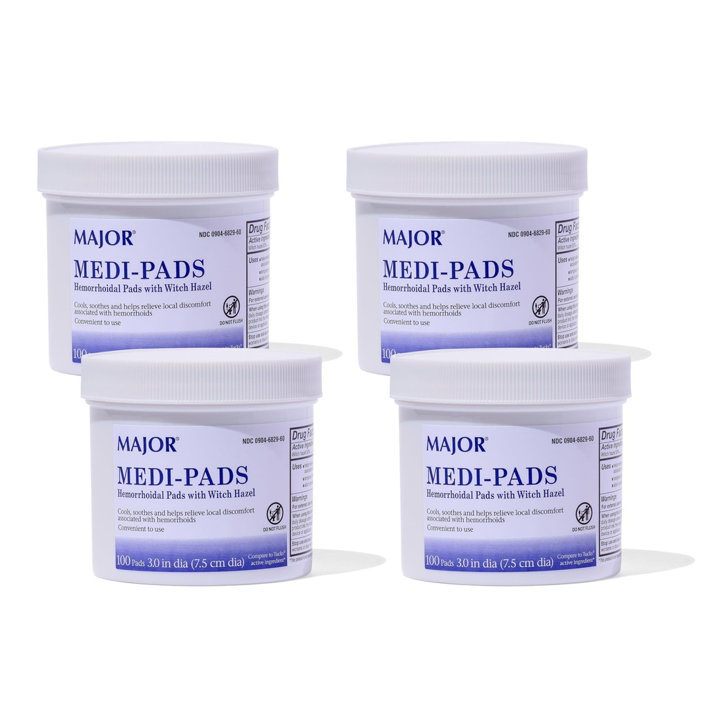 MAJOR Medi-Pads - Hämorrhoidal Hygienic Cleansing Witch Hazel Pads - Cooling Relief mit Aloe - 100 Count Jar (4 Pack)