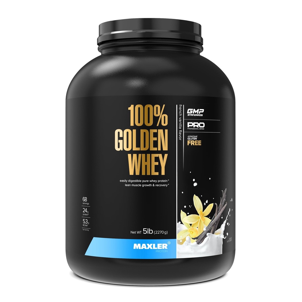 Maxler 100% Golden Whey Protein - 24g Protein per Serving - Premium Whey Protein Powder for Pre Post Workout - Schnell-Absorbierende Whey Concentrate Isolate Hydrolysate Blend - French Vanilla Protein 5lb