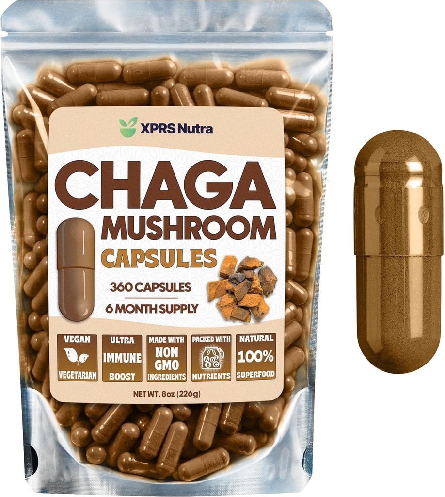 XPRS Nutra Chaga Mushroom Capsules - Premium USDA Chaga Mushrooms Capsules- Encapsulated Chaga Mushroom Powder for an Immunität Boost - Vegan Friendly Superfood für Chaga Tee und Getränke - 360 Count