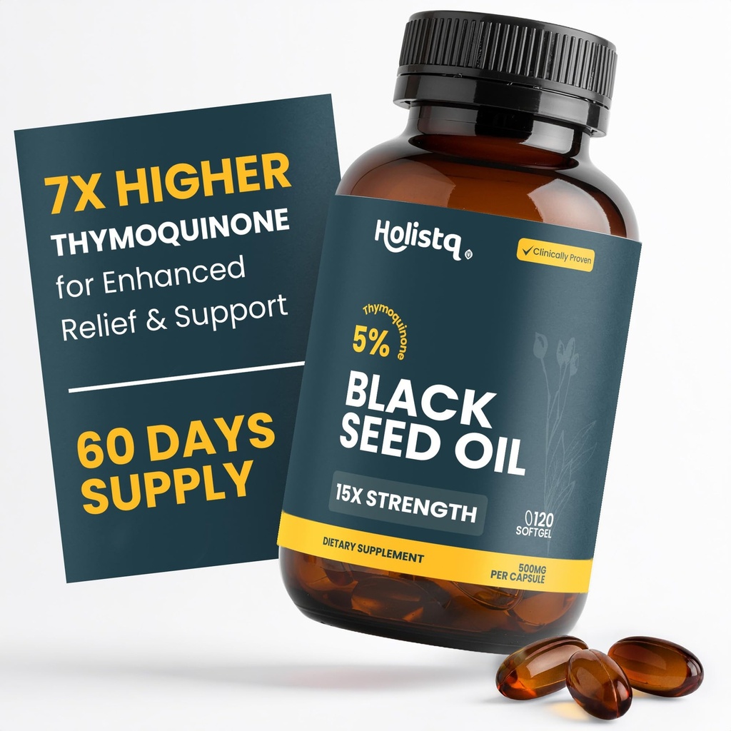 Holistiq Black Seed Oil Organic Cold Pressed Capsules | 5% Thymoquinone | Non-GMO & Vegan | Nigella Sativa Black Cumin Seed Oil, Omega 3 6 9 Erwachsene Immunität Unterstützung - 120 Softgels, 2 Monate Versorgung