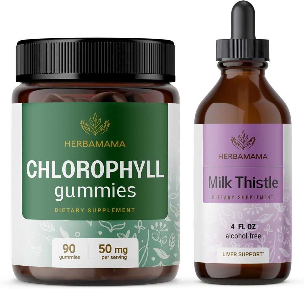 HERBAMAMA Chlorophyll and Milk Thistle Kit - Bundle of 50 mg Chlorophyll Gummies & Milk Thistle Extract Tincture 4 fl oz - Vegan, Non-GMO, Sugar & Alcohol-Free - 2 Pack