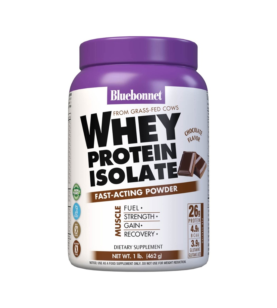 Bluebonnet Nutrition Whey Protein Isolate Powder, Whey From Grass Fed Cows, 26g Protein, kein Zucker hinzugefügt, Glutenfrei, Sojafrei, kosher Dairy, 1 Lb, 14 Servierungen, Schokolade Geschmack