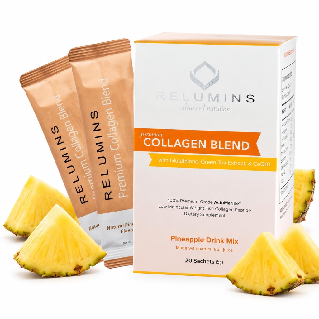 Relumines Marine Collagen Powder Drink Mix - Collagen Peptide mit Glutathion, Grüner Tee, CoQ10, & Hyaluronsäure Boosts Glowing Skin - 100 Pulver Beutel x Ananas Flavored + 10 kostenlose Beutel