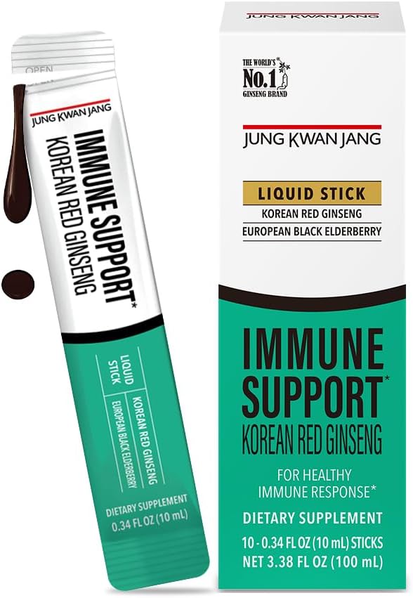 JUNG KWAN JANG Korean Red Panax Ginseng (800mg) und Elderberry (469mg) Immune Support Everytime Extract Sticks, Antioxidante Ergänzung für Immunität und tägliche Wellness, 10 Count