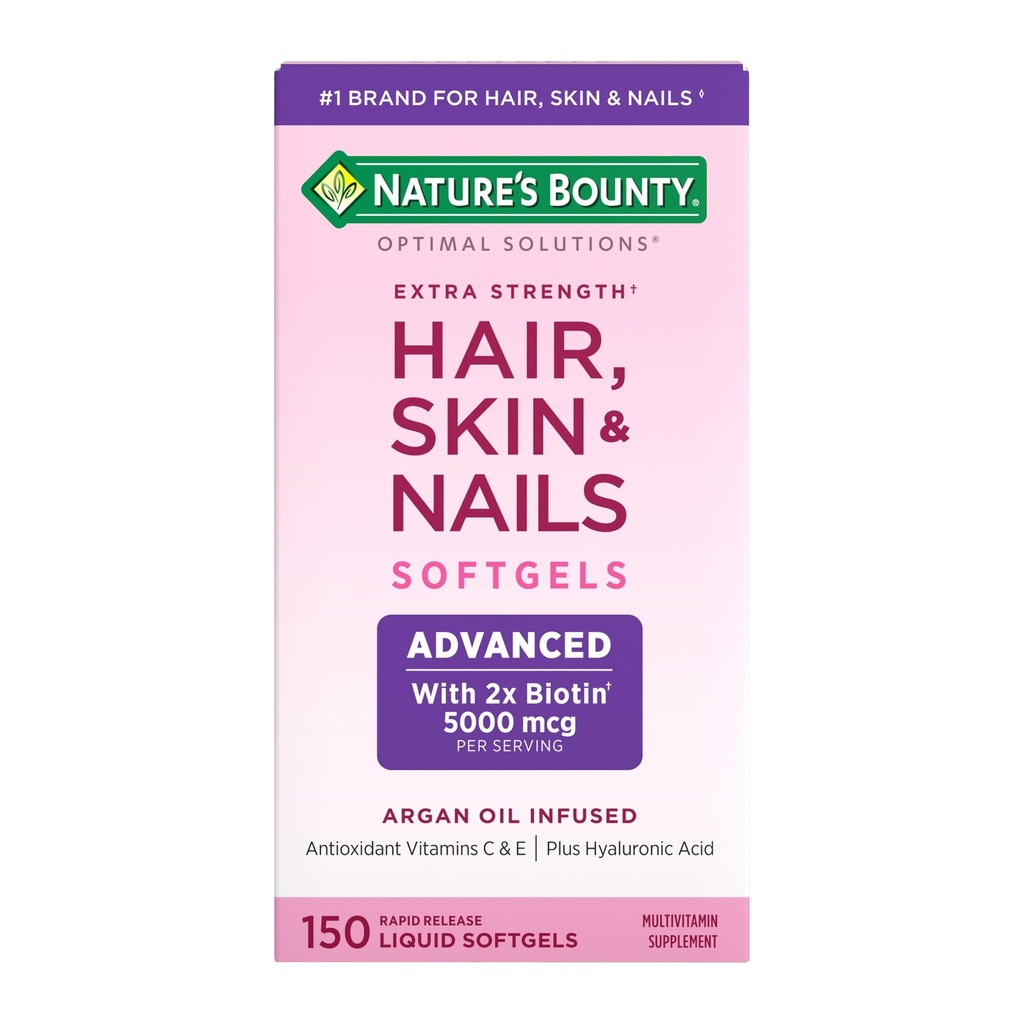Nature's Bounty Advanced Hair, Skin & Nails, Argan-Infused Vitamin Supplement mit Biotin und Hyaluronsäure, 150 Rapid Release Softgels, 50 Total Servings