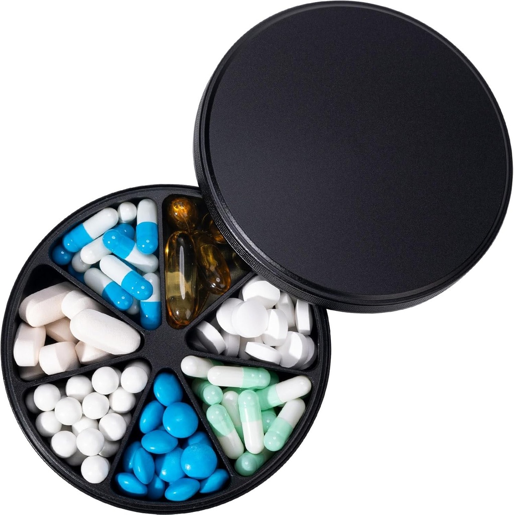 Metall Pillenspender Pille Organizer mit 7 Komponenten - Heavy Duty Anti-Mix Pillen-Container, große wasserdichte tägliche Pille Box Pillen Fall für Vitamin, Medizin, Supplement, Fischöl, 0.39lb (Schwarz)