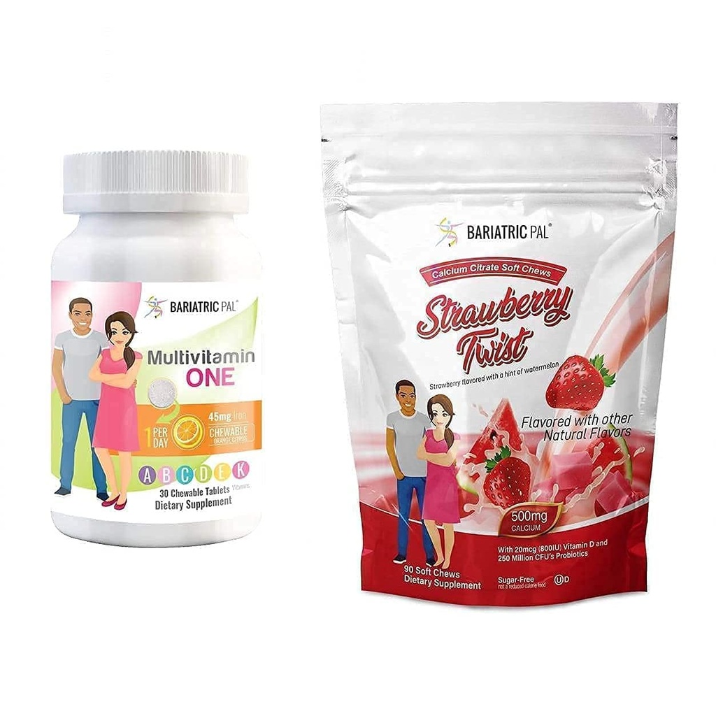 BariatricPal 30-Day Bariatric Vitamin Bundle (Multivitamin ONE 1 pro Tag! Kaubar mit 45mg Eisen - Orange Citrus und Calcium Citrate Weichkäse 500mg mit Probiotika - Erdbeer-Twist)