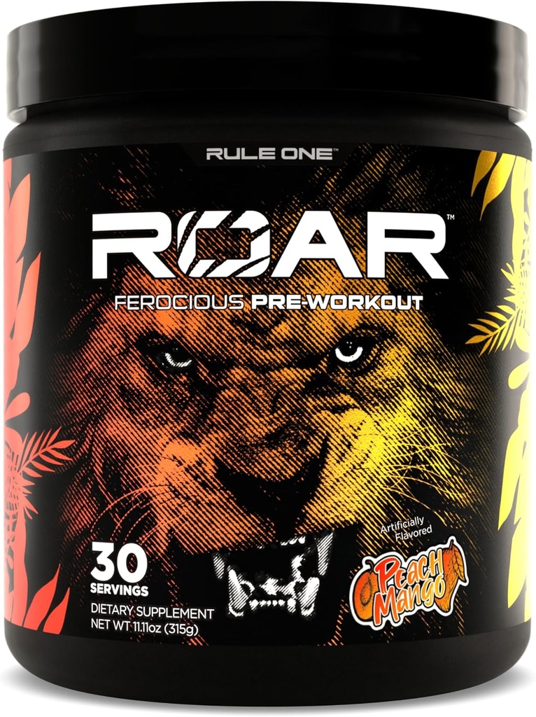 Regel 1 R1 Roar - Pre-Workout Pulver mit Kreatin, Beta-Alanin, Citrulline, Elektrolyte & Koffein (30 Servierungen, Peach Mango)