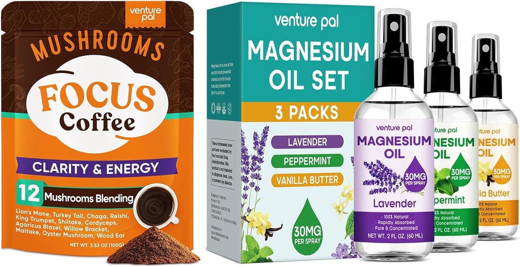 Venture Pal Pilz Kaffee &amp; Magnesium Öl Spray Bundle: 12 in 1 Kaffee mit Ashwagandha für Fokus &amp; Immunität + 3 Packungen reines Magnesium Spray für Entspannung, Schlaf & Muskel Relief - 40 Portionen
