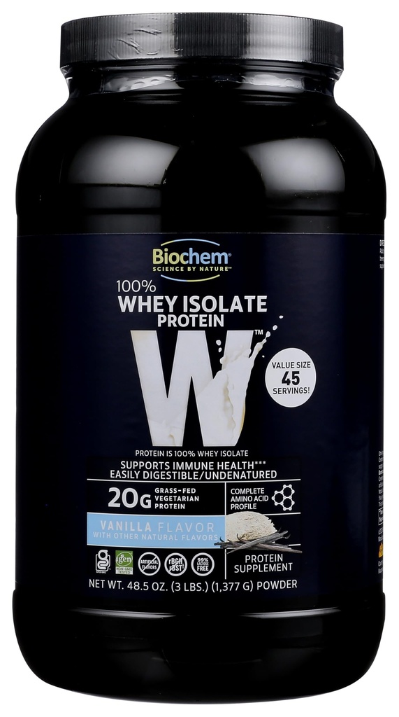 Biochem 100% Whey Isolate Protein Powder, Vanilla Flavor, 20g Grass-Fed Protein, Keto Friendly, Glutenfrei, einfach digestible, Vegetarisch, 48.5 Unze, 45 Servierungen
