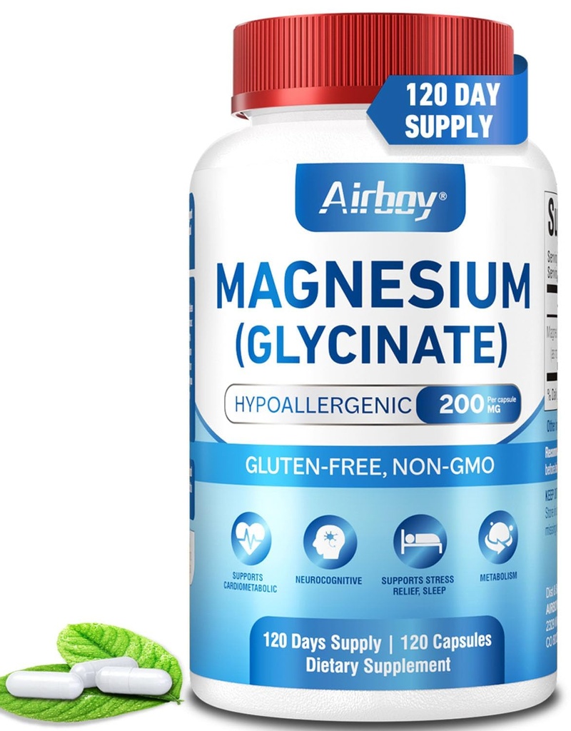 Airboy Magnesium Glycinate 200 mg, Bestes Magnesium Glycinat für Schlaf, 120 Vegan kleine Kapseln, hohe Absorption Unterstützung Erholung, Schlaf und ruhige Stimmung, Non-GMO und keine Gluten