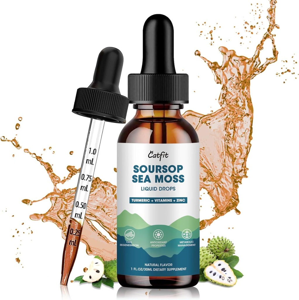 Soursop Graviola Flüssigkeitstropfen, Soursop Blätter Extrakt mit Sea Moss & Turmeric, Graviola Soursop Bitters Flüssigkeit für Zellunterstützung & Regeneration, Leber, Relax, Immun- und Antioxidans Unterstützung, 1 Fl Oz
