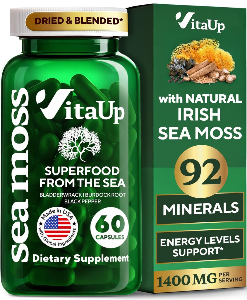 Wildcrafted Irish Sea Moss Capsules mit Burdock Root & Bladderwrack - USA Made Sea Moss Advanced for Hair, Skin, Immune & Energy Levels Support - SeaMoss Pills - 60 Vegan Capsules