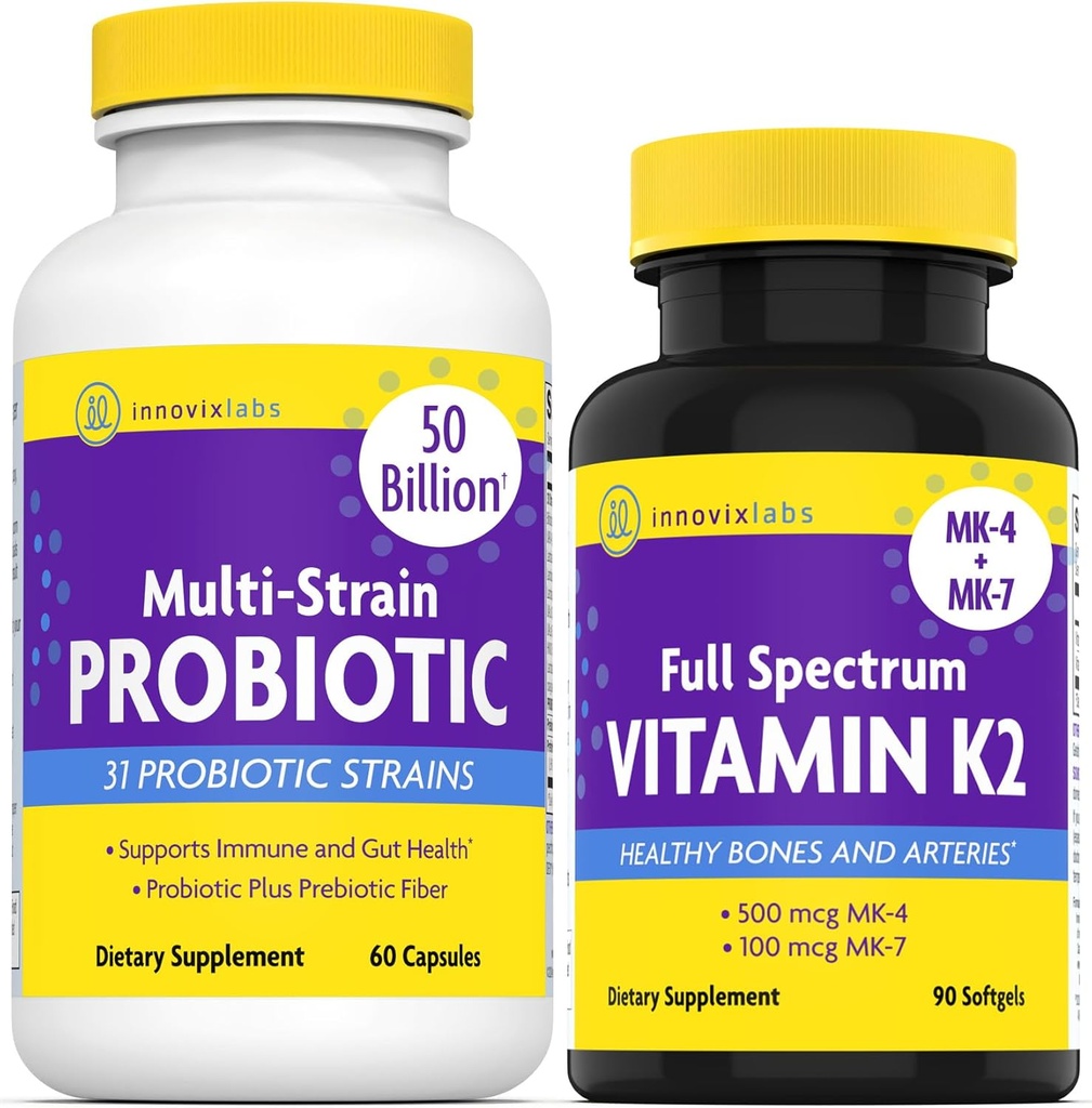 InnovixLabs Vitamin K2 & Probiotic Bundle Full Spectrum Vitamin K2 (90 Softgel Kapseln) Multi-Strain Probiotic (60 Time-Release Kapseln). Unterstützt Knochen, Immun und gesundes Gut. *