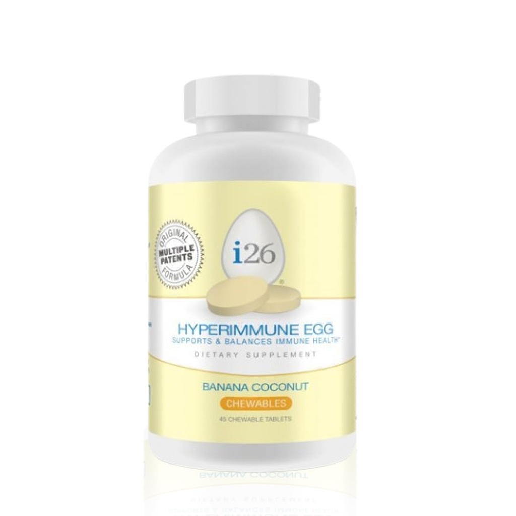 Youngevity i26 Hyperimmune Egg | IgY Max Banana Coconut Chewable | Patented Immune Powerhouse Formula | Flexibilität, Gut, Immununterstützung Beilage | 45 Kautabletten