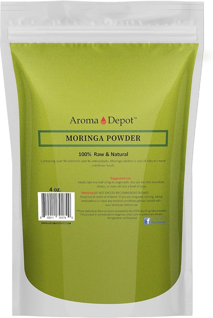 Moringa Powder 4 oz. Pure-Natural | aus Indien | Polvo de Moringa Oleifera | Moringa Blatt Pulver Superfood |Gluten-Free & Vegan | Toll für Glatteien, Tee, Getränke & Rezepte.
