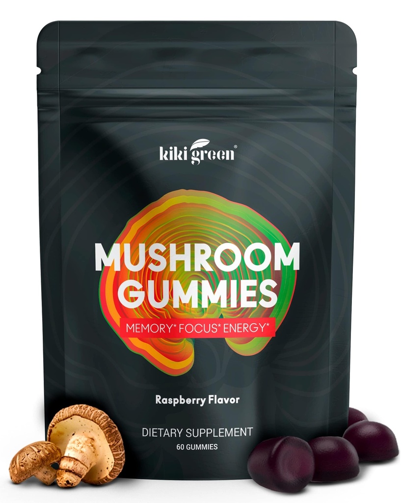 KIKI Green Mushroom Gummi mit Lion's Mane und 9 Adaptogen Superfoods Blend - Chaga, Red Reishi, Cordyceps, Shiitake, Black Fungus | 60 Count, 10:1 Extract