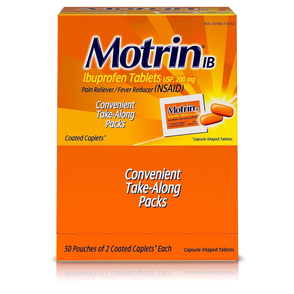 Motrin IB - Ibuprofen Tabletten, Zwei Tabletten pro Packung, 50 Packungen Gesamt, Eine Box