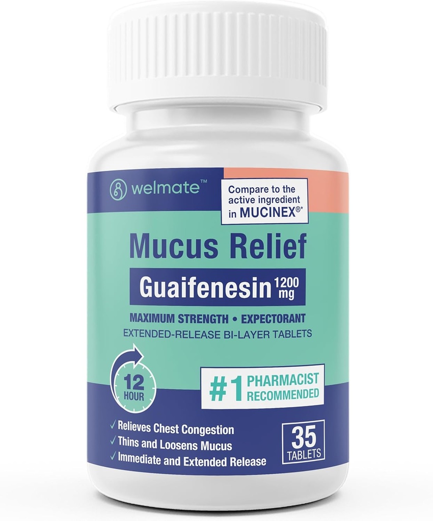 WELMATE - Guaifenesin 1200mg (35 Tabletten) - Mucus Relief - Expectorant - Cough & Cold - 12 Hr Support - Extended-Release Bi-Layer Tablets - Over-The-Counter Medication