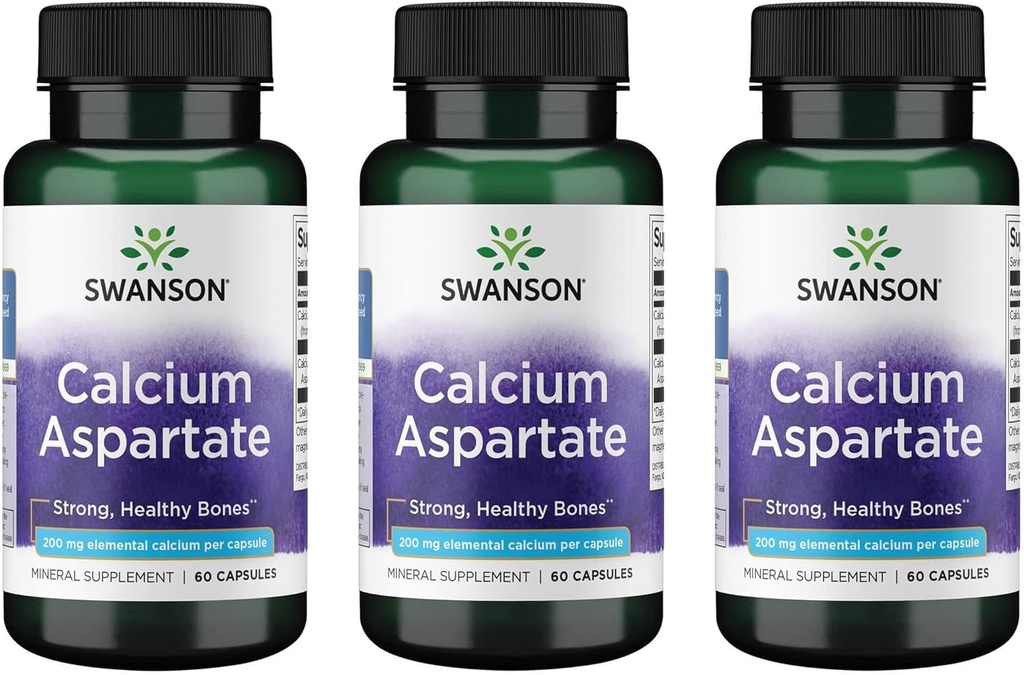 Swanson Kalzium Aspartate - Kräuterergänzung Förderung von Knochen, Herz, & Muskel-Gesundheit - Natürliche Formel Förderung Total Body Wellness - (60 Kapseln-200mg Jeder) (3 Pack)