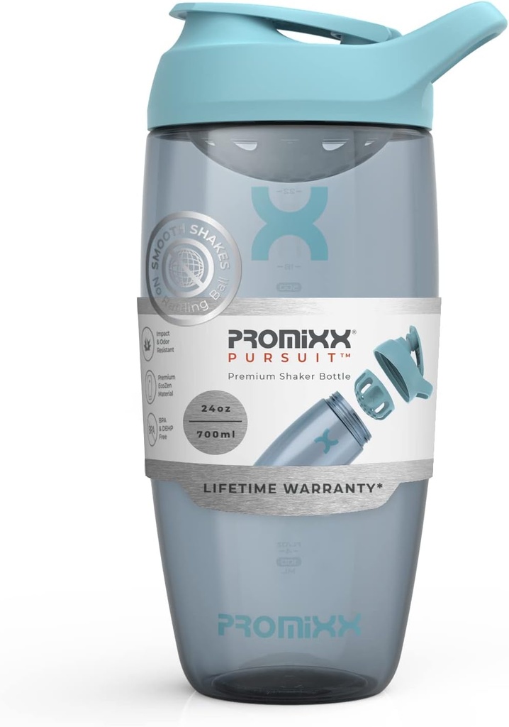 Promixx Pursuit Protein Shaker Bottle (24 oz) – Silent No-Ball Mixer, Leak-Proof Lid, BPA/BPS & Phthalate-Free ECOZEN – Easy-Clean Shaker Cup für Protein Shakes, Pre & Post-Workout Smoothies