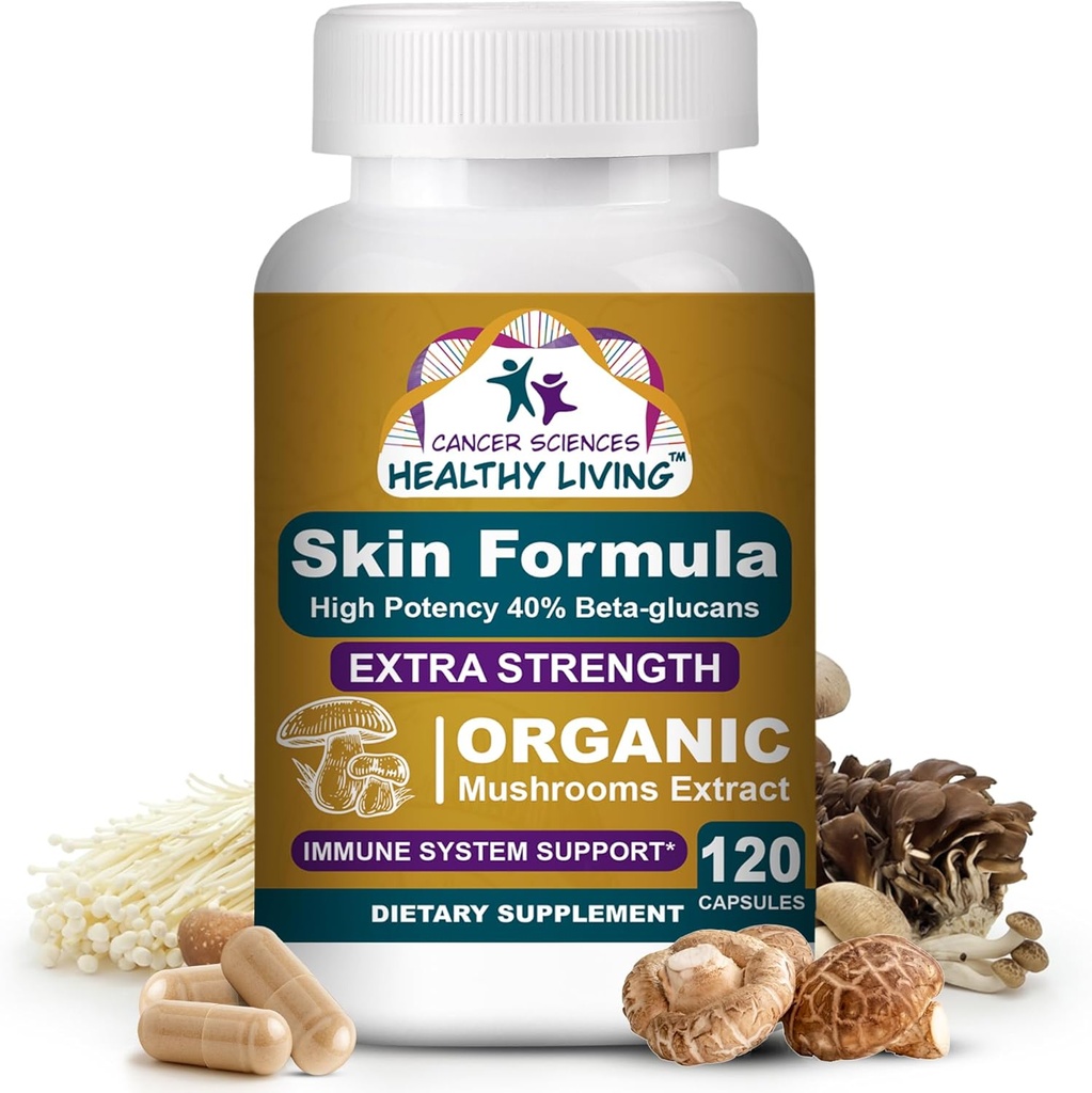 Cancer Sciences Skin Wellness Supplement, USDA Certified Organic Extract Pilze Supplement, Extra Stärke 1.500 mg, Hohe Potenz 40% Beta-Glucans, Immununterstützung, Glowing Complexion, 120 Kapseln