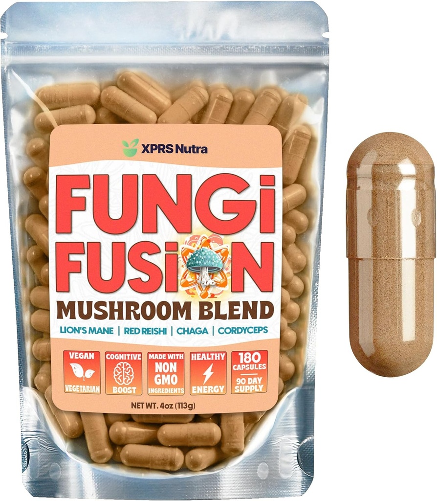 XPRS Nutra Fungi Fusion Mushroom Blend Capsules - 180 Count (90 Day Supply) Premium Blend of Lion's Mane, Reishi, Chaga, Cordyceps Capsules to support Mental Clarity, Cognition, Energy and Immunity